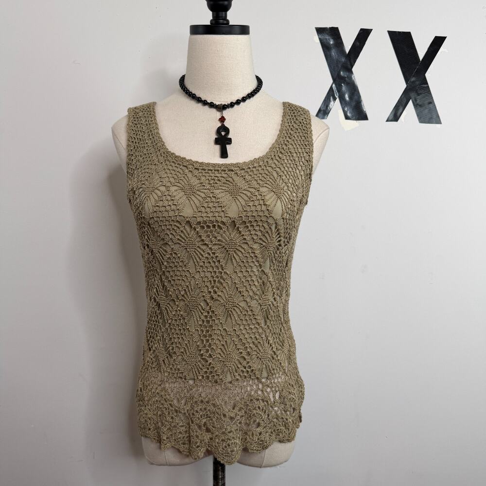 Vintage 90s Taupe Crochet Knit Scalloped Hem Lined Grunge Alt Cami Tank Top S